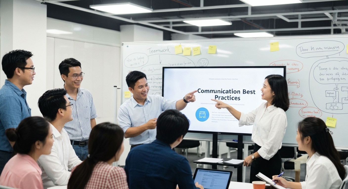 Hình ảnh minh họa truyền thông nội bộ, thể hiện sự giao tiếp và gắn kết giữa các thành viên trong công ty.