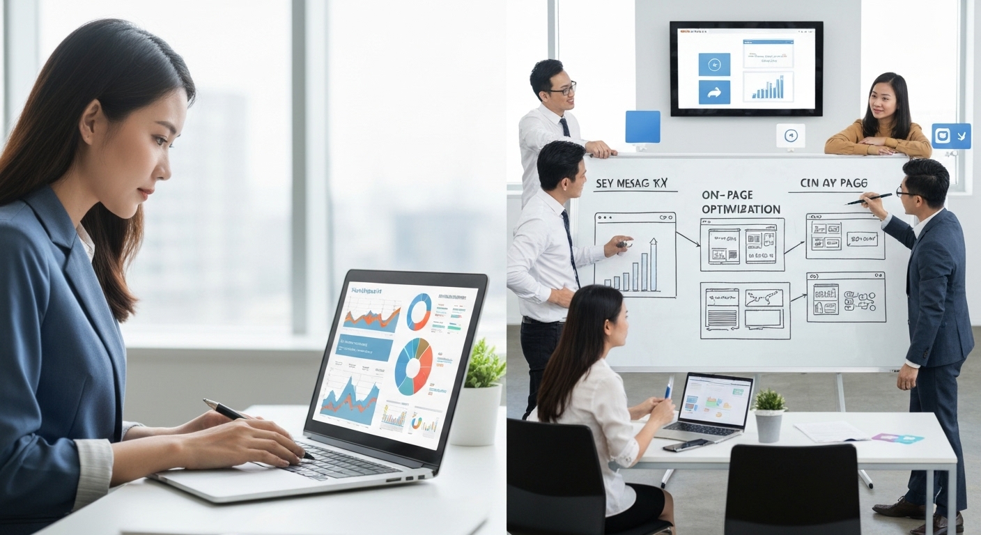 Hình ảnh minh họa quá trình SEO, bao gồm nghiên cứu từ khóa, tối ưu hóa on-page và off-page.