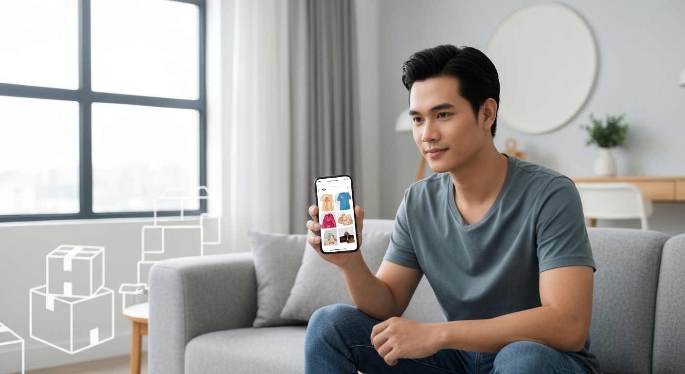 Hình ảnh một người đang mua sắm trực tuyến trên điện thoại, minh họa sự phát triển của thương mại điện tử.