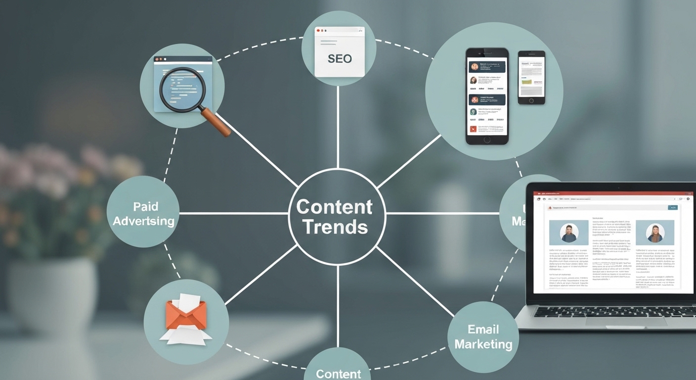 Hình ảnh các kênh marketing kỹ thuật số phổ biến như SEO, quảng cáo trả phí, email marketing và marketing nội dung.