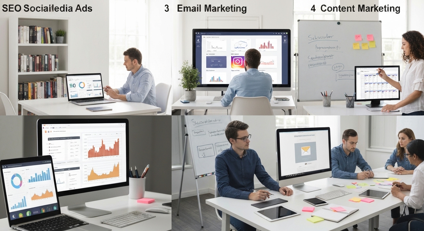 Các kênh digital marketing phổ biến: SEO, quảng cáo mạng xã hội, email marketing, tiếp thị nội dung.