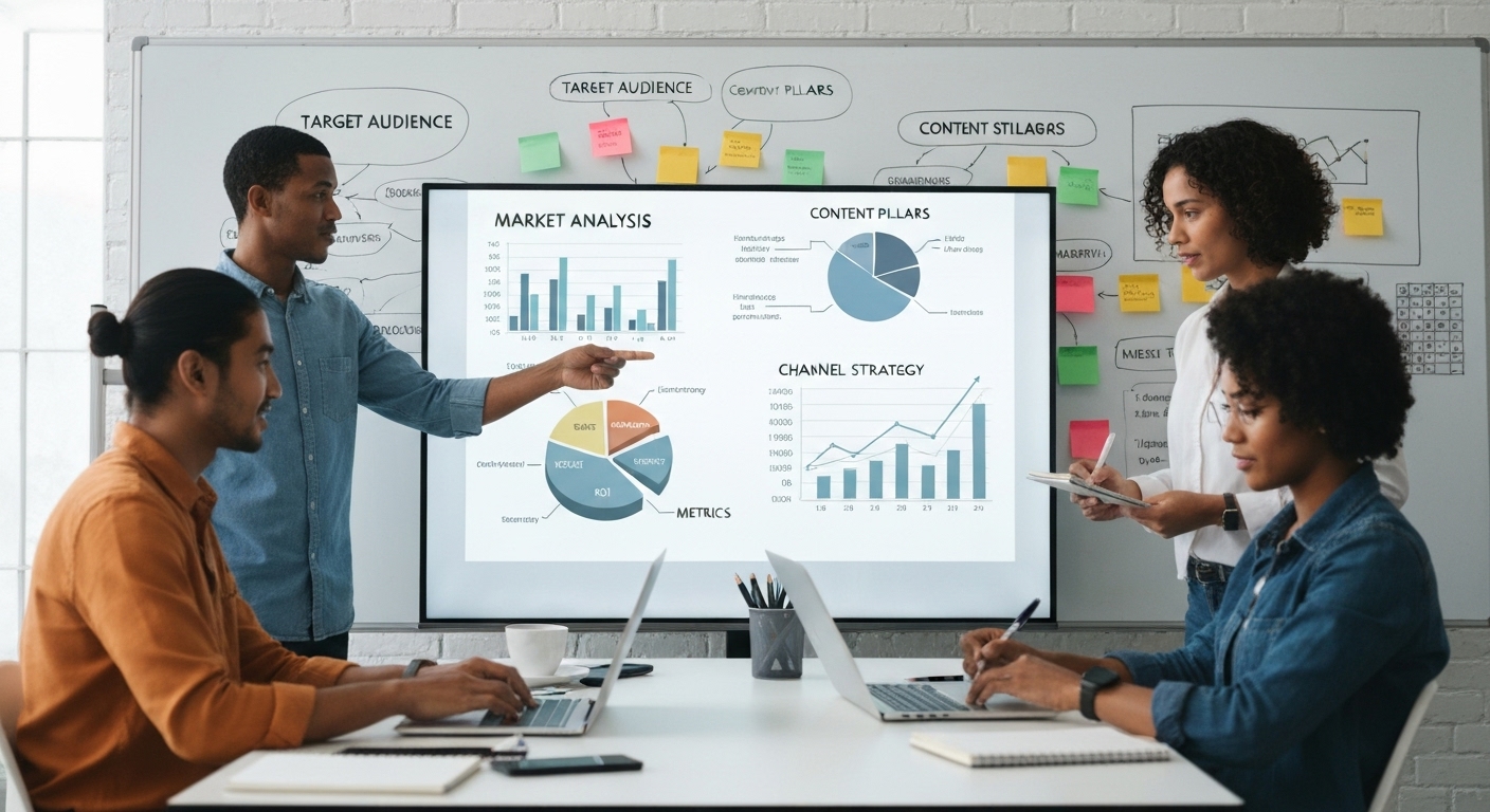 Quá trình xây dựng chiến lược marketing, từ phân tích thị trường đến lựa chọn kênh truyền thông phù hợp.