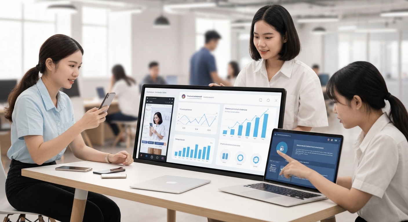 Hình ảnh minh họa các xu hướng truyền thông trên mạng xã hội năm 2024, bao gồm video ngắn, nội dung cá nhân hóa, và ứng dụng trí tuệ nhân tạo.