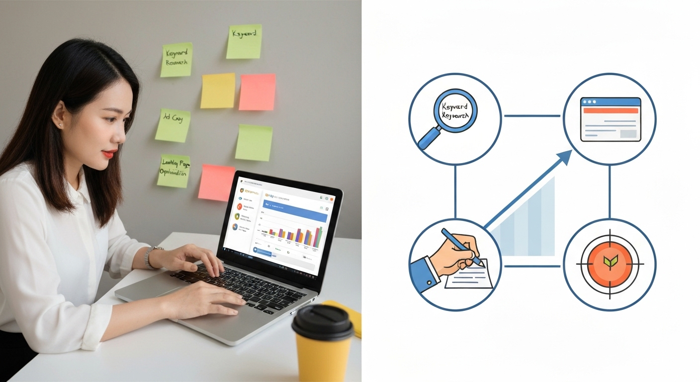 Các bước tối ưu hóa chiến dịch quảng cáo Google, bao gồm nghiên cứu từ khóa, viết quảng cáo hấp dẫn, và tối ưu hóa trang đích.