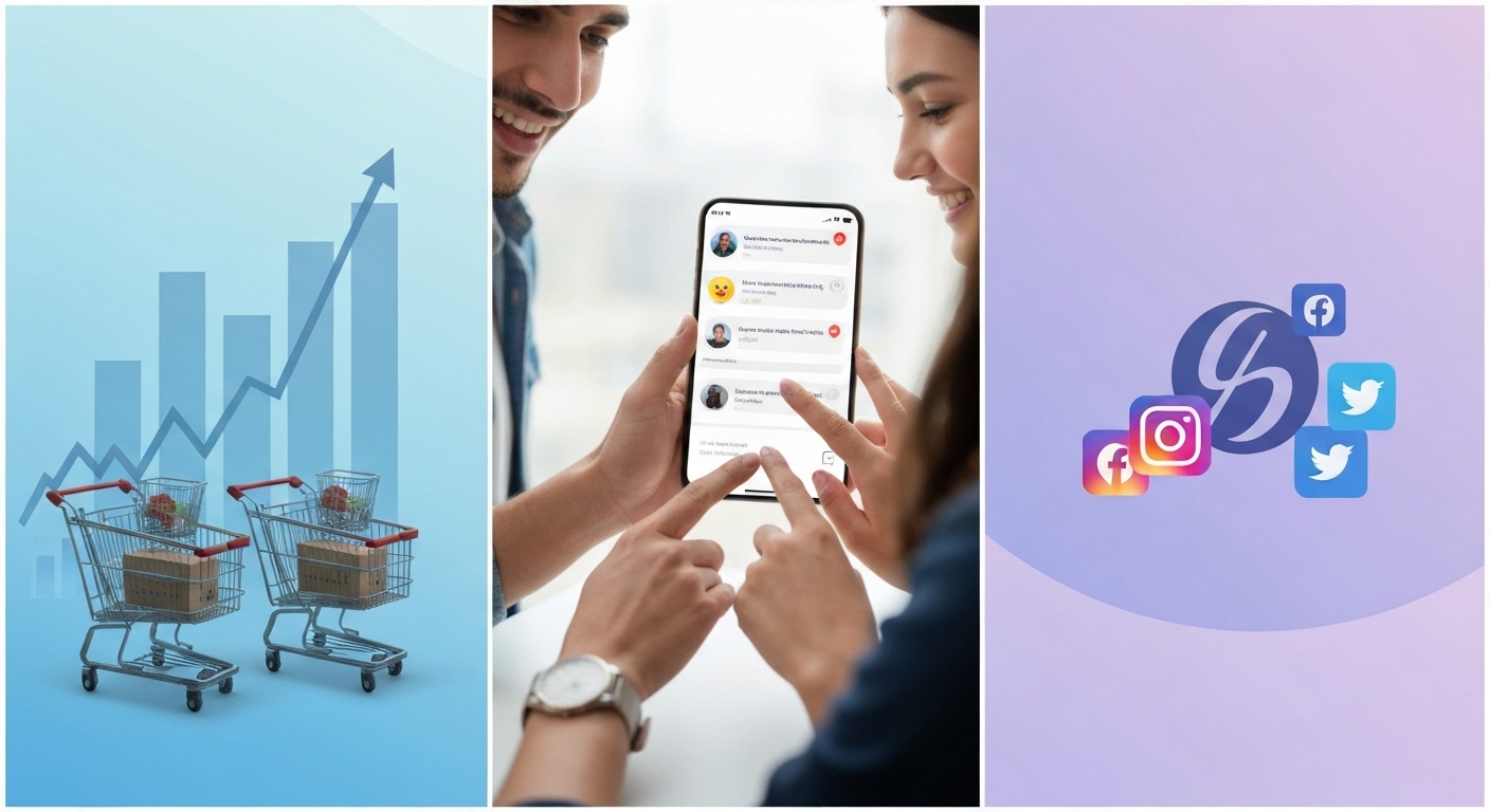 Hình ảnh minh họa các lợi ích chính của marketing trên mạng xã hội, bao gồm tăng trưởng doanh số, tương tác khách hàng và nhận diện thương hiệu.