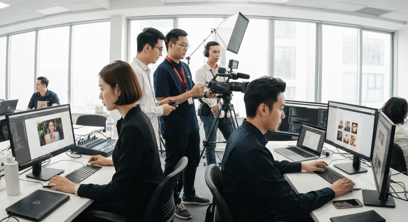Các cơ hội nghề nghiệp khác nhau trong lĩnh vực truyền thông đa phương tiện như thiết kế đồ họa, sản xuất video và phát triển web.