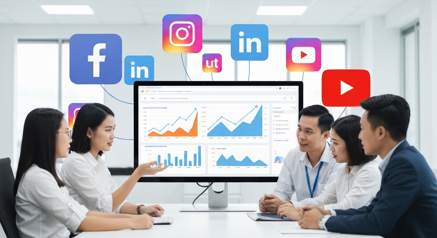 Hình ảnh minh họa cho marketing trên mạng xã hội hiệu quả, với biểu đồ tăng trưởng và các biểu tượng mạng xã hội phổ biến.