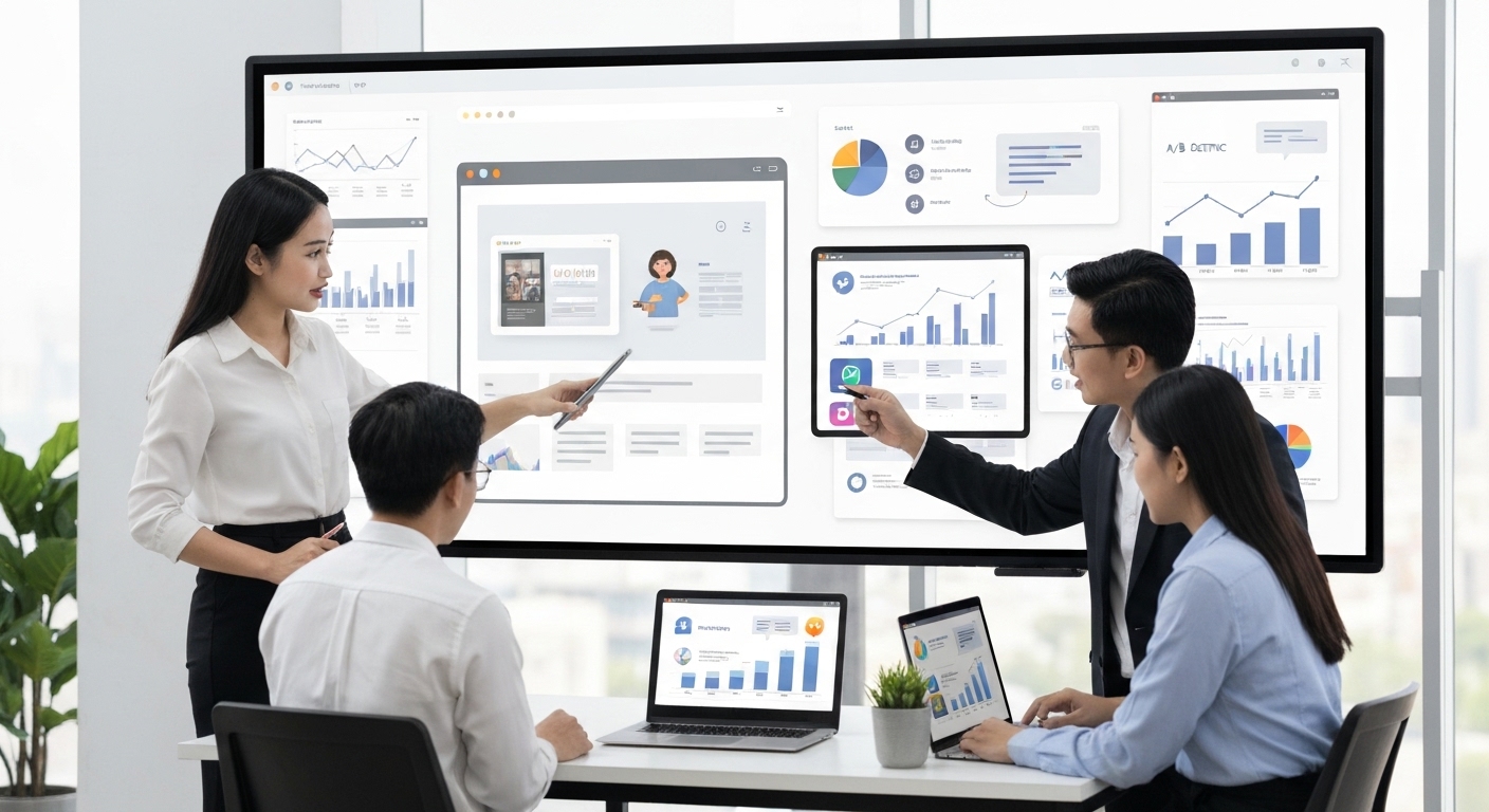 Minh họa các hình thức quảng cáo trực tuyến phổ biến như quảng cáo hiển thị, tìm kiếm, và mạng xã hội